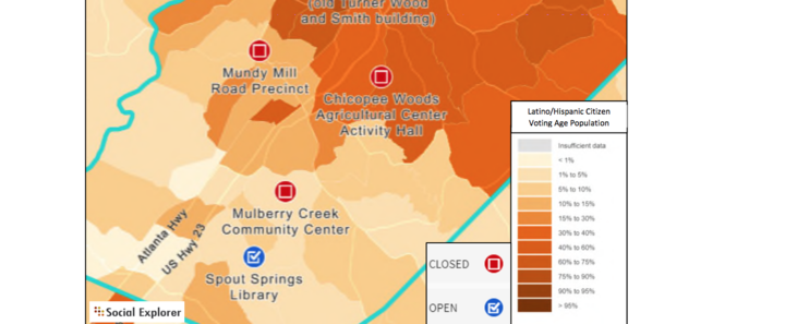 Closure of early vote polling places in majority Latinx neighborhoods in Hall County.