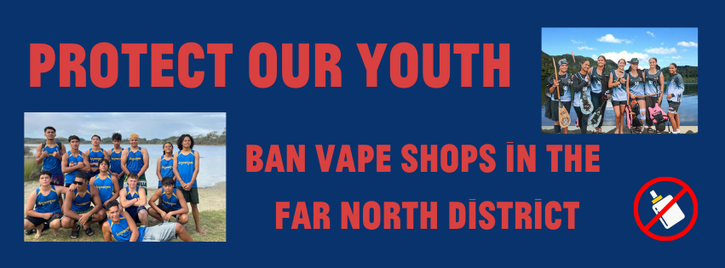 Picture of 2 youth sports teams with text "Protect Our Youth – Ban Vape Shops in the Far North District"