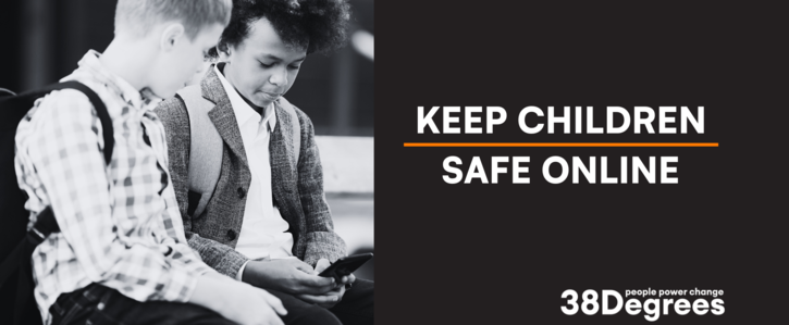 Two young boys look at a phone. Text reads: Keep children safe online
