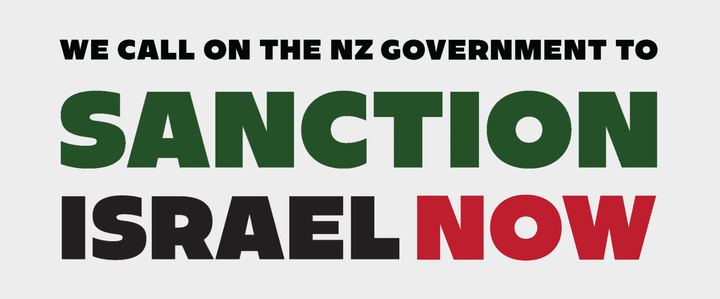 The words "NZ Government Sanction Israel Now" with the words Sanction Israel Now in green, black and red, on a beige background 