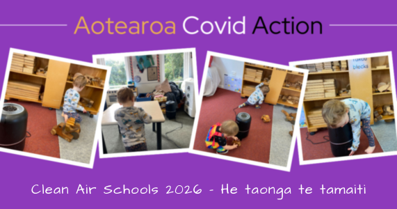 Photo of two toddlers playing on a carpet with wooden trucks. There is a purple banner above and below the photo. The text on the top banner reads, "Clean Air in Schools," and the text on the bottom banner reads, "Te taonga te tamaiti"