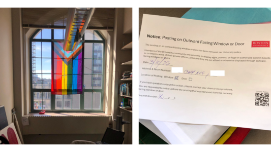 Image of two photos: 1) Pride flag in a window, and 2) a notice from Boston University to remove the flag.